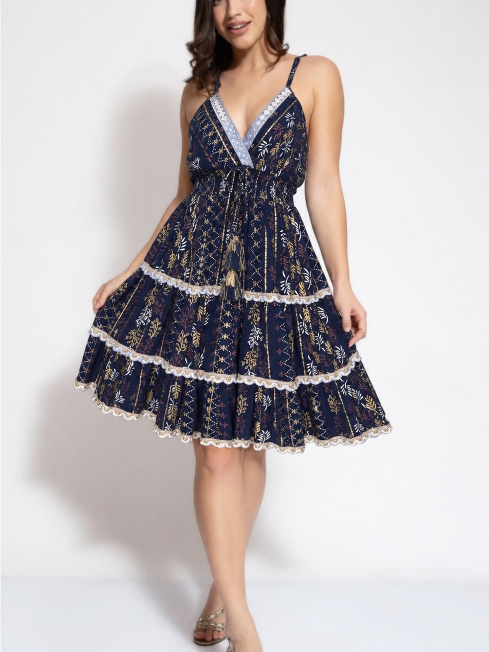 Ananta Women’s L/XL Navy Gold Metallic Boho Open Back Tiered Midi Dress